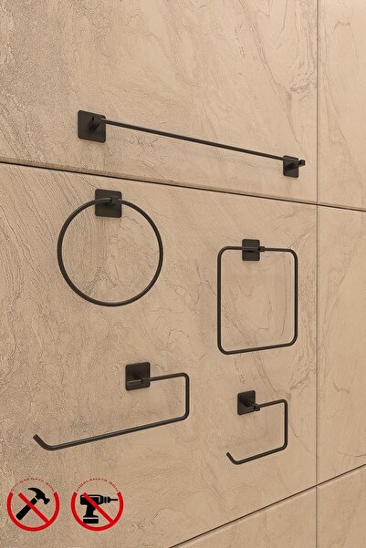 Alper Banyo Yapışkanlı Siyah Kare 5’li Banyo Aksesuar Seti – Uzun Havluluk, Halka, Solo, Tuvalet Ve Peçetelik