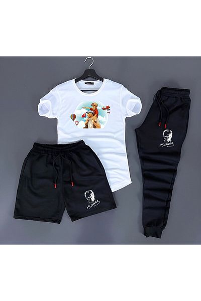 Rex Darius 3-Piece Unisex Combination Ataturk Printed White, Black, Red, Yellow T-shirt, Black, Gray Shorts and Sweatpants