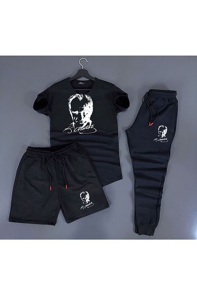 Rex Darius 3-Piece Unisex Combination Ataturk Printed White, Black, Red, Yellow T-shirt, Black Shorts and Sweatpants