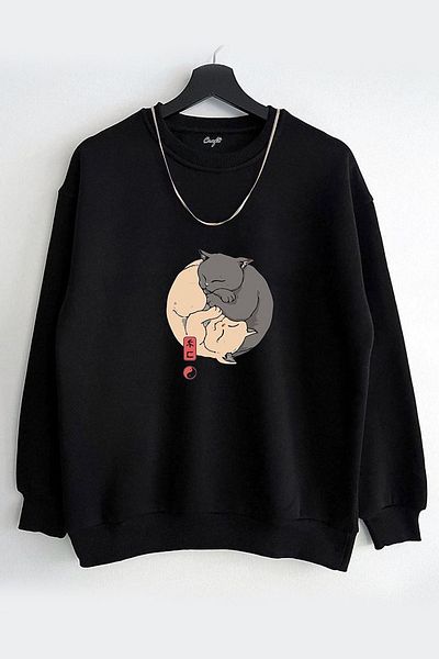 Rex Darius Hanorac unisex oversize cu pisici care îmbrățișează cu imprimeu cu gâtul rotund