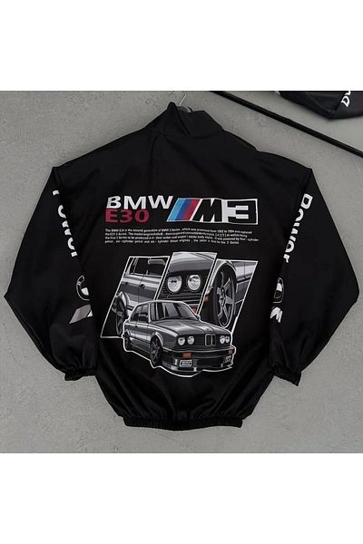 memetti m şekil BMW //m Retro Unisex Black Digital Printed Oversize Raincoat - Parachute Fabric, Windbreaker