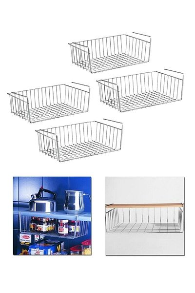 KARTEYA 4-Piece In-Cabinet Kangaroo Shelf Steel Basket Hanging Shelf Organizer Basket Under Shelf Basket 1st Quality