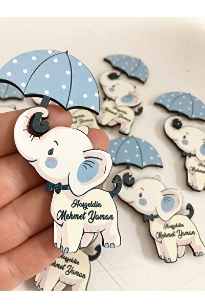 TUDESA DESIGN Şemsiyeli Fil Erkek Ahşap Baskı Magnet Ve Ambalaj 20 Adet