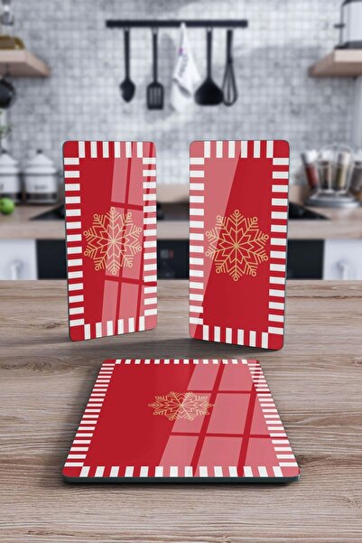 Decovetro Cam Sunum Servis Tabağı 3'lü Dikdörtgen Set Kırmızı Beyaz Kar Tanes...