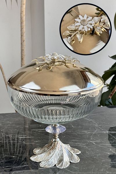 MAY HOME Papatya - Candle Footed Serving Table Cut with Metal Lid