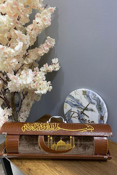Bonny Home Coffee Colored Birch with Chest - Embroidered Leather Prayer Mdf Bag Dowry Gift