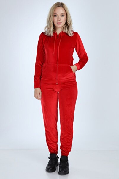 İkmal Kadın Kırmızı Kapüşonlu Taşsız Lastik Paça  Kadife Takım