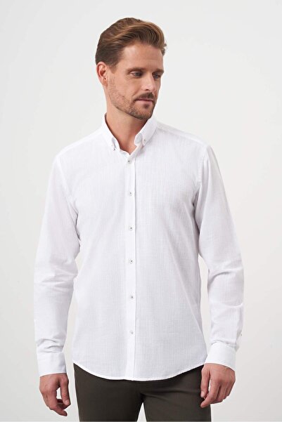 Morven Cămașă albă pentru bărbați, bumbac, în carouri, cu guler cu nasturi