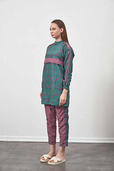 Mevra Green Short Hijab Swimsuit - Leaf Pattern