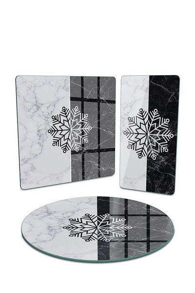 Decovetro Mixed Set of 3 - Glass Presentation Serving, Black and White Marble Snowflake Pattern