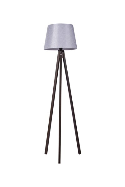 Modamonline Ahşap Lambader 3 Ayaklı Tripod Abajur Kumaş Lambader Gri Ceviz
