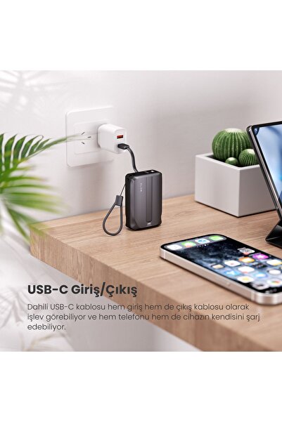 ZLOS Tiny10C 22.5W 10000mAh USB-C ve Lightning Dahili Kablolu Hızlı Şarj Destekli Mini Powerbank TY10C