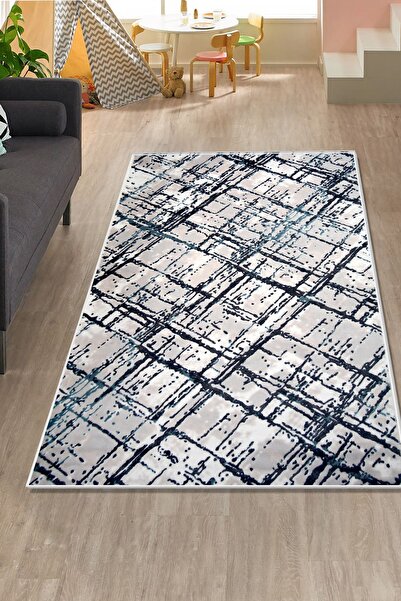Dijidekor Halı Mavi Trend Yıkanabilir Saçaksız Kare Kesme Ince Yolluk Kilim S...