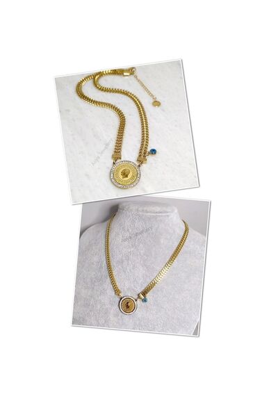Asya Jewellery Altın Kaplama Zirkon Taşlı Örme Zincirli Çeyrekli Çelik Kolye