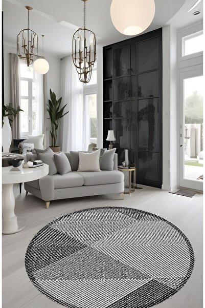 Noble Halı Dijital Baskı Gri Renk Üçgen Piramit Desen Makinada Yıkanabilir Yu...