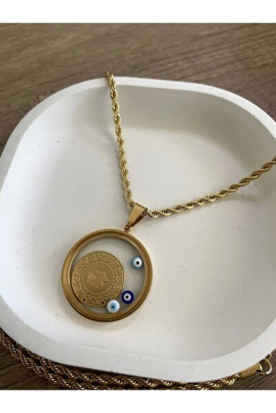 TAMELA Cam Çerçeveli Çeyrekli Altınlı Kolye 60 Cm