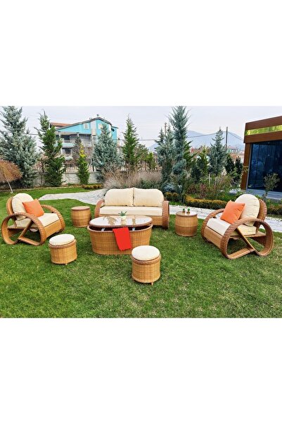 MONALİN HOME GARDEN Monalin Mobilya Helix 5 Kişilik Ekstra Lüks Rattan El Örgüsü Bahçe & Balkon & Teras Oturma Grubu
