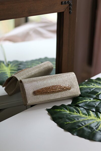 Moom Bag Women's Silvery Gold Evening Dress Bag with Stone Holding Detail