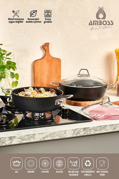 Amboss Dark Granite Flat Pot with Glass Lid Fireproof Non-Stick Titanium Coating - 30 cm