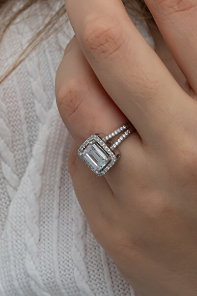 ALYANSEVİM Zirkon Baget Taşlı Gümüş Tektaş Yüzük