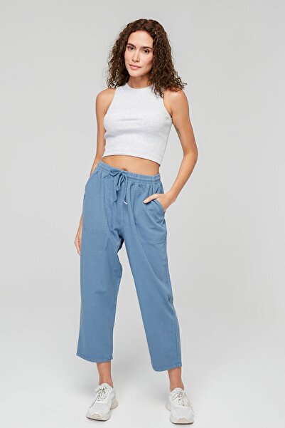 MONAHA Kadın Açık Mavi Rahat Kesim Bilek Boy Keten Pantolon - Pamuklu, Yüksek Bel, Yazlık Monaha