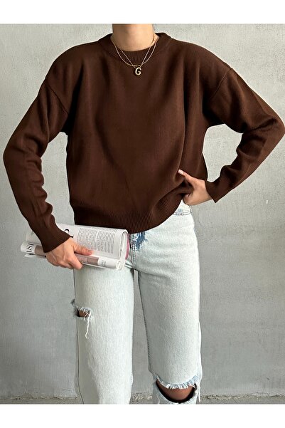 BEJNA Dámsky sveter z hnedého úpletu Crew Neck