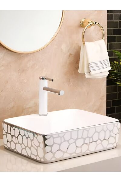 YUEN Banyo Lavabosu Tezgah Üstü Çanak Banyo Lavabosu Doğal Taş Gümüş Desenli 48x37x14 Ölçülerinde