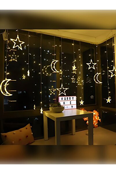 rkm store Dekoratif 8 Modlu Ay Yıldız Perde Led Gün Işığı Ramazan Süsleme Işık Hilal Yıldız Fişli Saçak Led