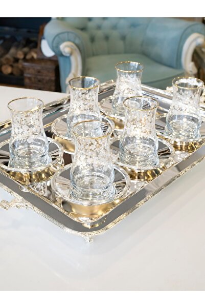 Bakır Concept GÜMÜŞ KAPLAMA ÇAY SETİ (Çay tepsisi ve 6 adet çay tabağı) BAŞAK...