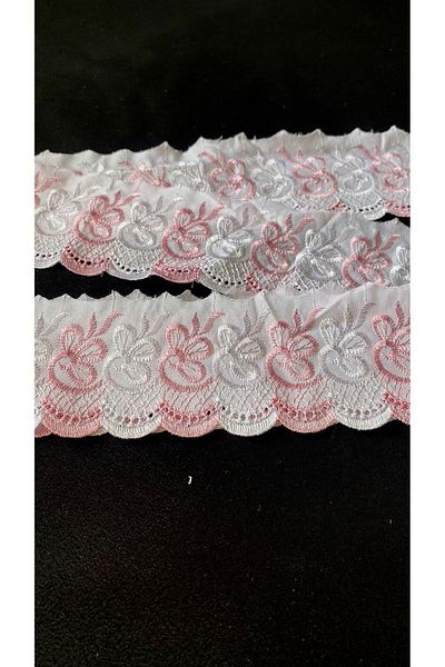Ozpas Fisto 8 cm x 3 Mt Λευκό-Ροζ Δαντέλα Κεντημένη