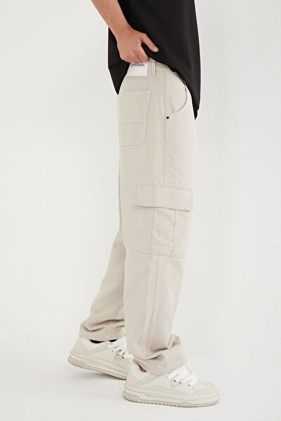 DİFRANSEL Ανδρικό μπεζ φαρδύ παντελόνι Cargo με τσέπες