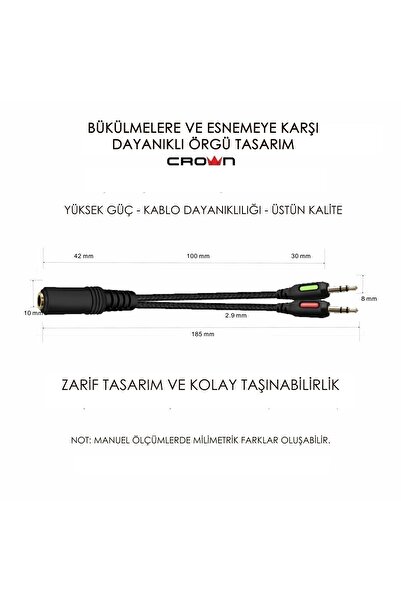 Crown Micro 3.5mm Kulaklık Mikrofon Dönüştürücü Çevirici Splitter Y Örgü Kablo 1 Dişi 2 Erkek...