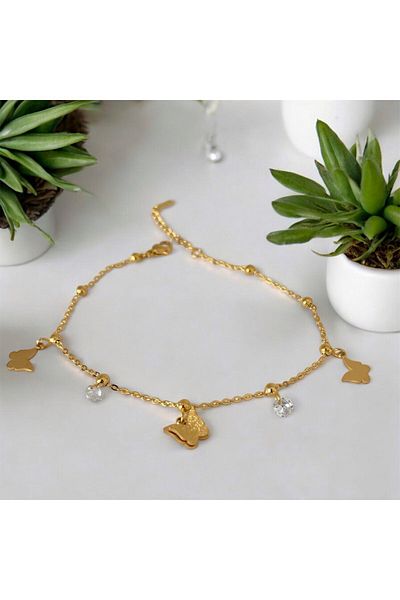lolajewelry Luxury Zircon Stone Steel Anklet - Gold Colored Butterfly Pattern
