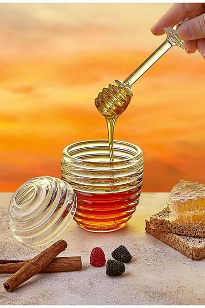 HB LİFE Stylish Hive Shaped 3 Piece Crystal Honey Jar with Spoon| Mica Jar| Honey And Jam Jar