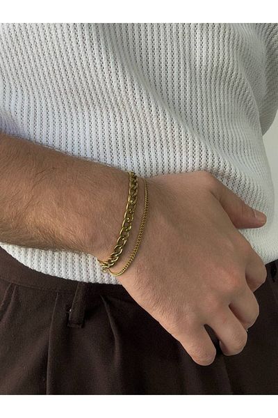 Arvens Gold Two Chain Men's Bracelet Stainless Steel Women's Non-Tarnish Unisex Color-Tossing