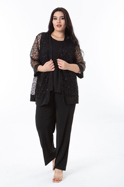 Şans Cardigan din dantelă neagră cu paiete de mărime mare - maiouri și pantaloni costum 3 piese 65N38220