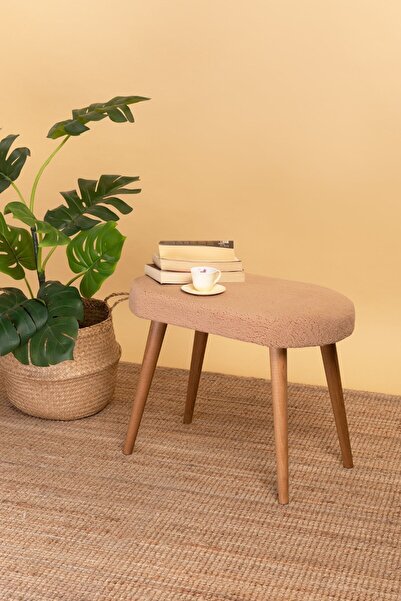 POFİTTO Ahşap Ayaklı Dekoratif Oval Bench-tedy Kumaş Salon Ve Oturma Odası Pufu-makyaj Masası Pufu Kahve
