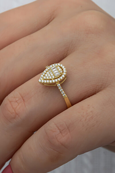 ALYANSEVİM Damla Desenli Baget Taşlı Gümüş Tektaş Yüzük 925 Ayar