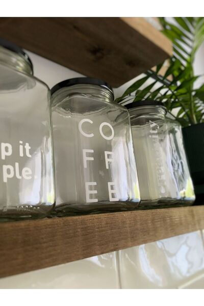 Atölye Merdiven Cam 3lü Dekoratif Erzak Kahve Çay Şeker Kavanozu Coffee Etiketli
