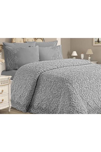 Kelebek Double Blanket Bedspread Set Gray Color in Dowry Box