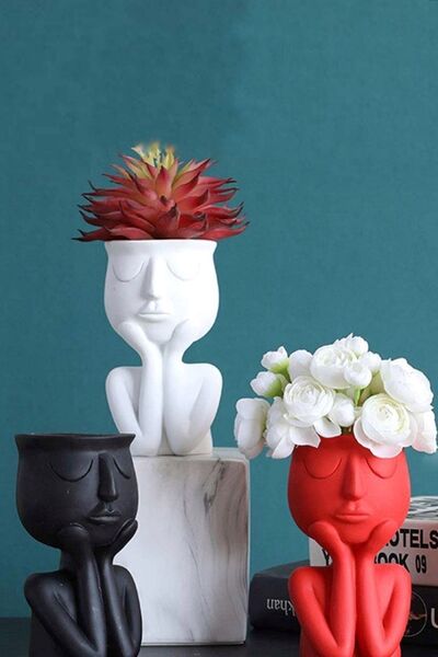 LALEZEN HOME Siyah Kırmızı Beyaz 3lü Düşünen Adam Saksılık-saksı ( çiçekler d...