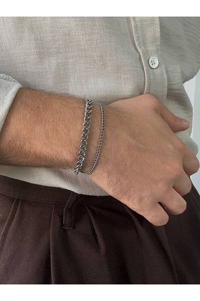 Arvens Silver Two Chain Men's Bracelet Women's Stainless Steel Unisex Non-Tarnish Color-Tossing