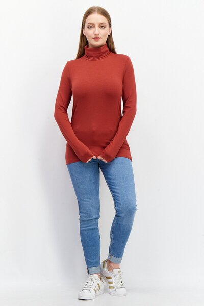 Esprit Women Turtle Neck Long Sleeves Plain Top, Rust