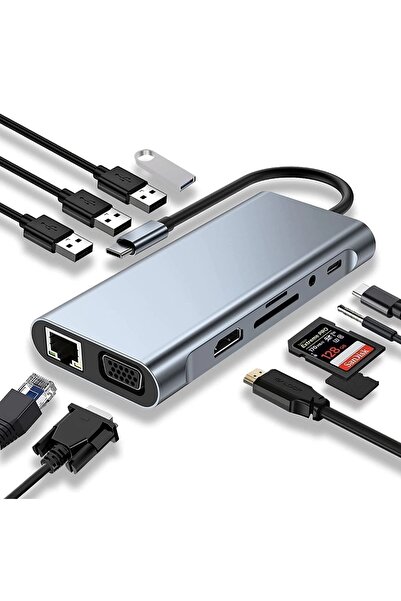 comse Macbook Pro Air Type C Hub Pd Şarj Hdmı Sd Network Vga Girişli 11 In 1 Hub Çevirici Dönüştürücü