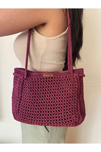 Nillys Kadın Askılı Polyester Makrome Örgü Kol Çantası Vişne Çürüğü (EN:33 CM /BOY:24CM)