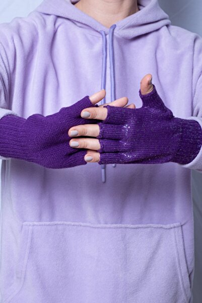 POSUSS Yarım Parmak Parlak Baskılı Kadın Eldiven - Mor - PS3127