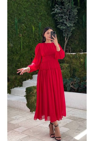Kir Layered Detailed Round Collar Chiffon Dress