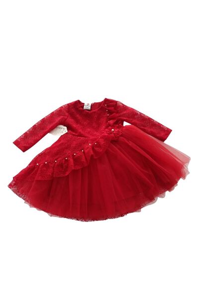 LEYDİLİNA Leydilina tütülü dantelli kırmızı elbise