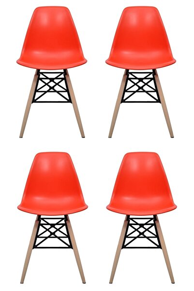 Dorcia Home Eames Kırmızı Plastik Kafesli Sandalye - 4 Adet - Cafe Balkon Mut...