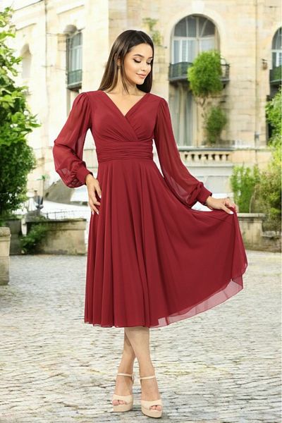 FaBe Fashion Long Sleeve Double Breasted Collar Midi Chiffon Dress